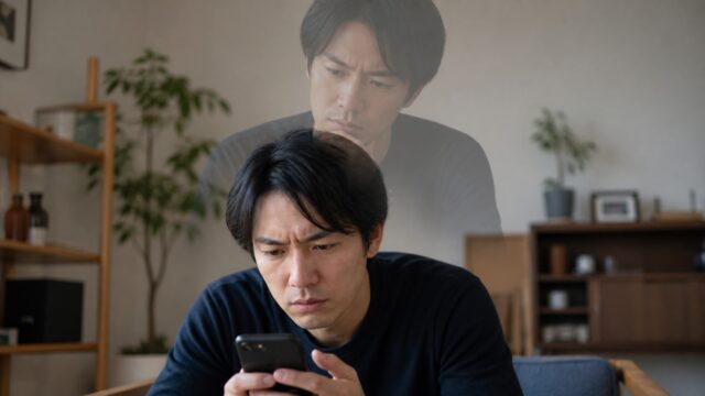 スマートフォンを見る自分の反応を一段上から観察する人